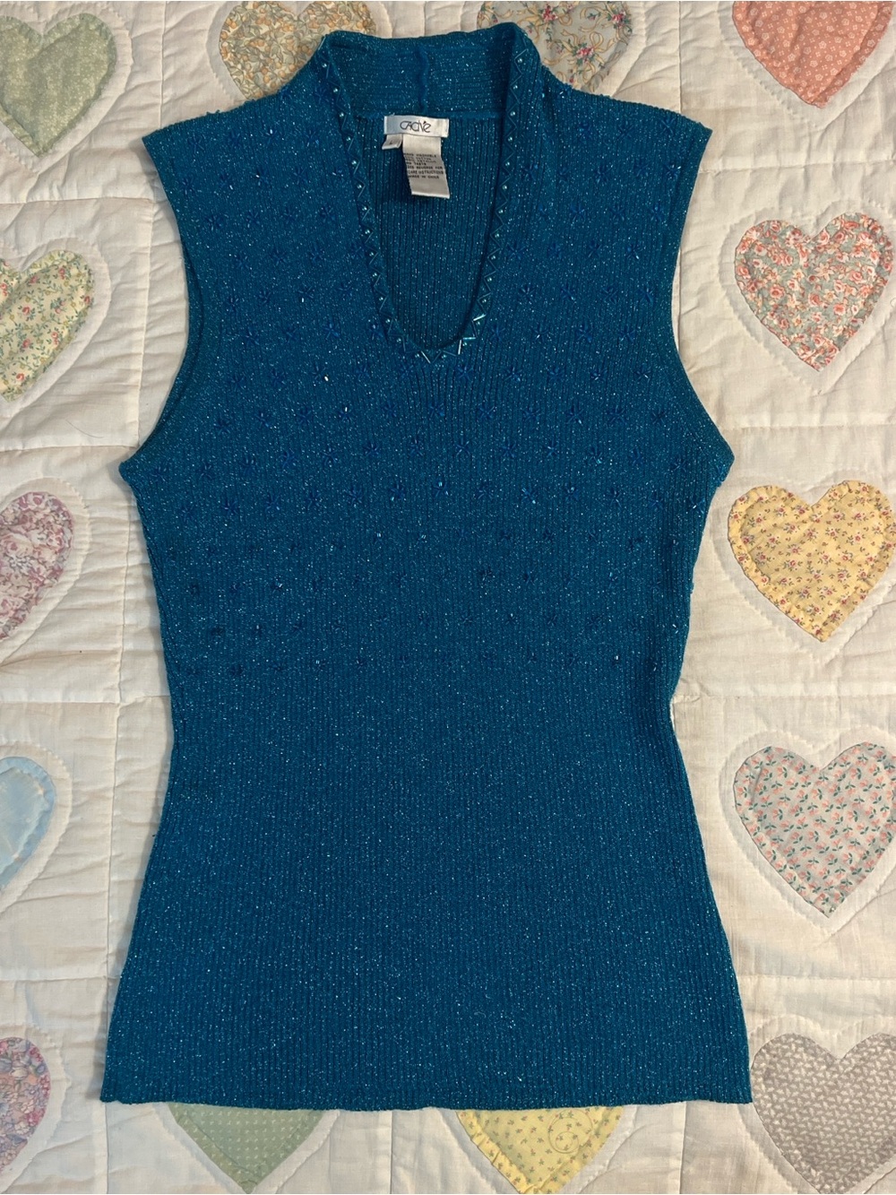 Cache Beaded Sparkly Blue Metallic Knit Y2K Vintage Top Size Large Stretchy